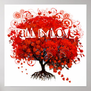 Fall In Love Red Tree With Hearts Falling Poster
