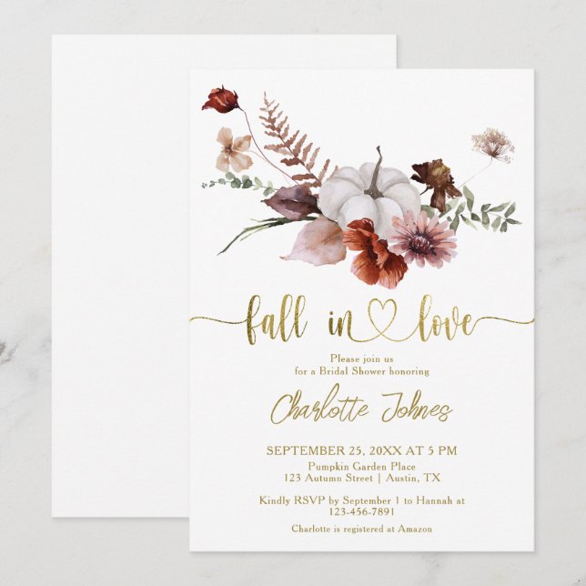 Fall in Love Rust Floral Pumpkin Bridal Shower Invitation (Front/Back)