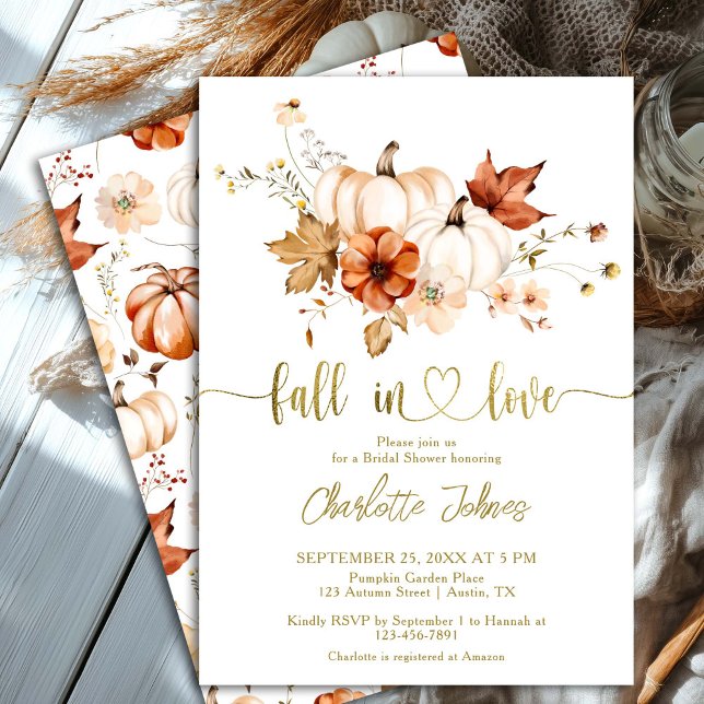 Fall In Love Rust Pumpkin Gold Cream Bridal Shower Invitation (Creator Uploaded)