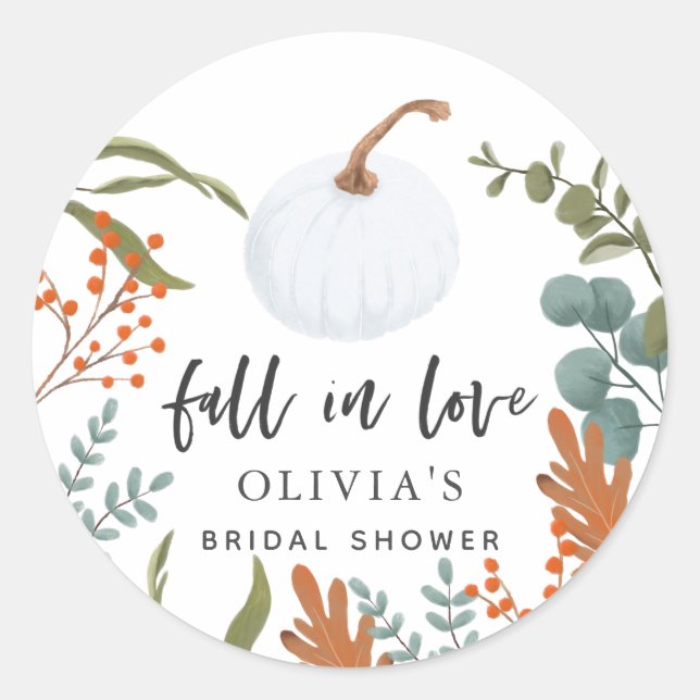 Fall In Love Rustic Autumn Botanical Bridal Shower Classic Round Sticker (Front)