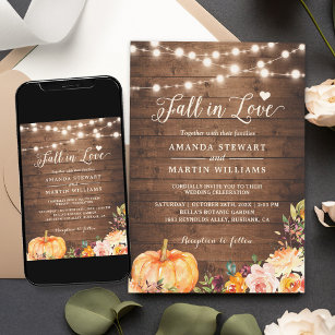 Fall in Love Rustic Autumn Floral Pumpkin Wedding Invitation