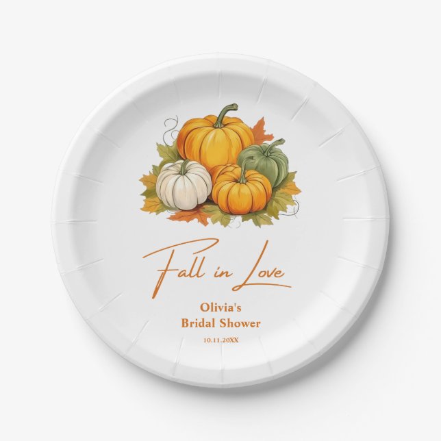 Fall in Love Rustic Autumn Pumpkin Bridal Shower  Paper Plate (Front)