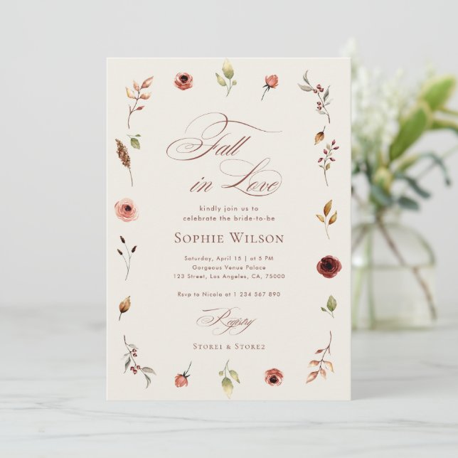 Fall in Love Rustic Boho Wildflowers Bridal Shower Invitation (Standing Front)