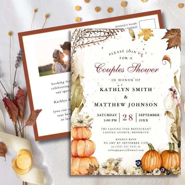 Fall In Love Rustic Botanical Fall Couples Shower Invitation Postcard (Creator Uploaded)