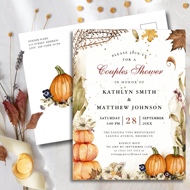 Fall In Love Rustic Botanical Fall Couples Shower Invitation Postcard (Creator Uploaded)