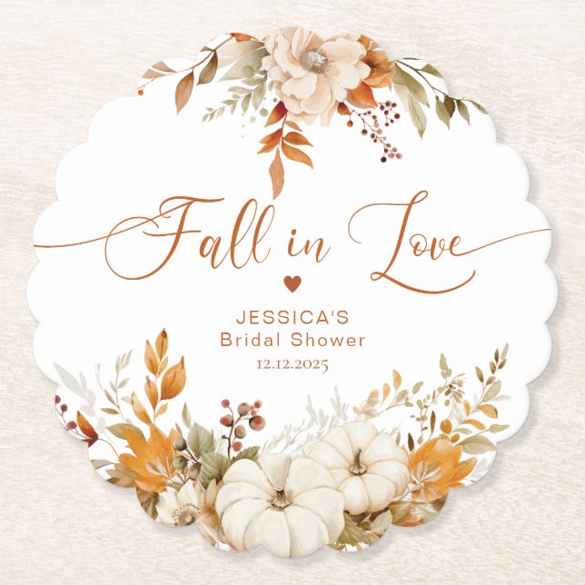 Fall in love rustic bridal shower  paper coaster (Front)