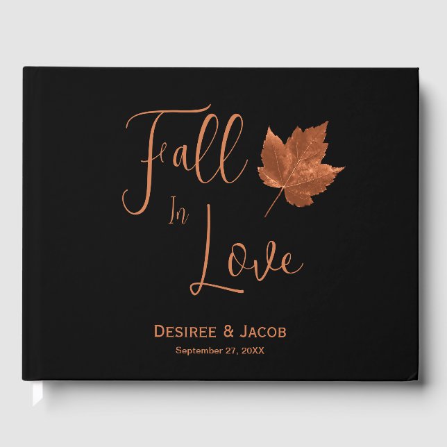 Fall In Love Rustic Copper Brown Black Maple Leaf Guest Book (Front)