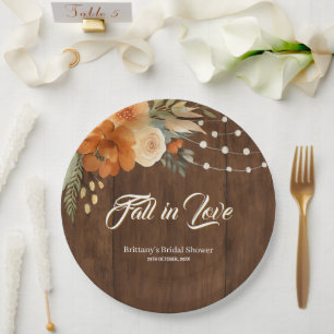 Fall in Love Rustic Fall Flowers Bridal Shower Paper Plate