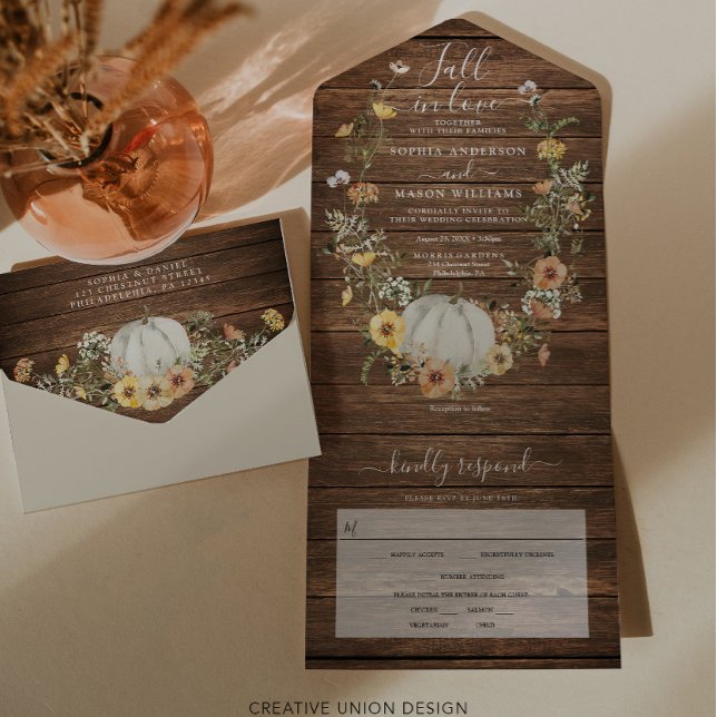 Fall in Love Rustic Floral Harvest Pumpkin Wedding All In One Invitation (Creator Uploaded)
