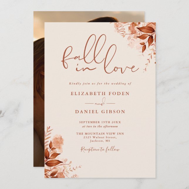 Fall in Love Rustic Floral Photo Wedding Invitation (Front/Back)