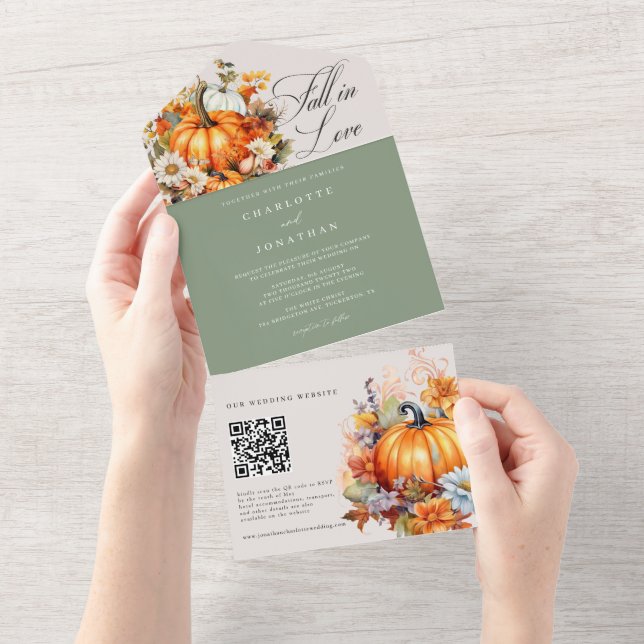 Fall in Love Rustic Floral Pumpkin Autumn Wedding All In One Invitation (Tearaway)