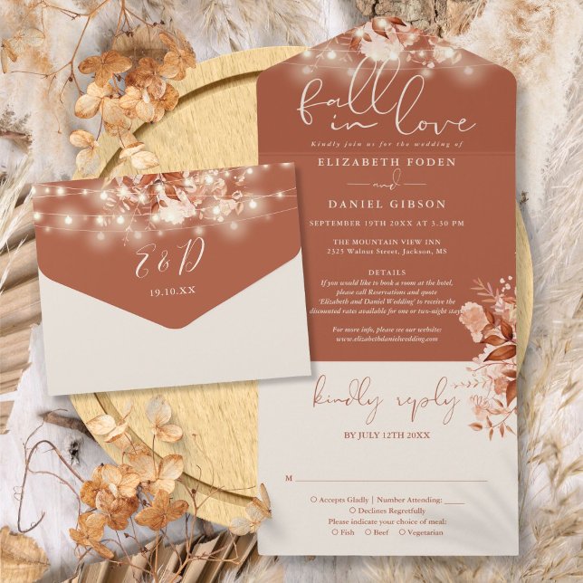 Fall In Love Rustic Floral String Lights Wedding All In One Invitation (Fall In Love Rustic Floral String Lights Wedding All In One Invitation)
