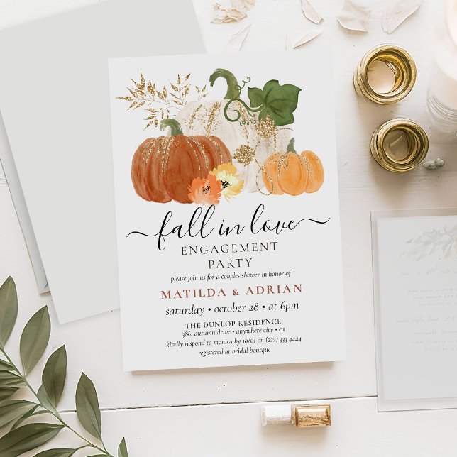 Fall in Love Rustic Glitter Pumpkin Engagement  Invitation (Creator Uploaded)