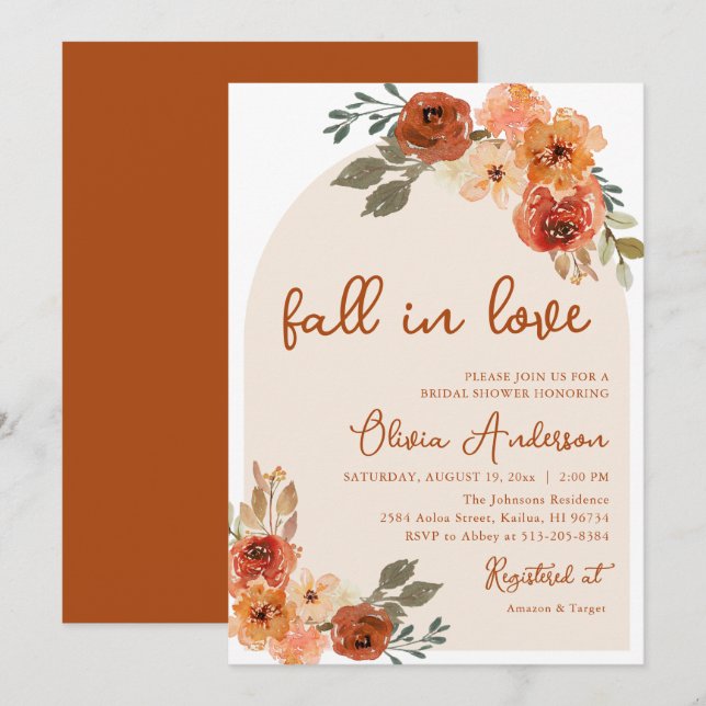 Fall in Love Rustic Orange Autumn Bridal Shower Invitation (Front/Back)