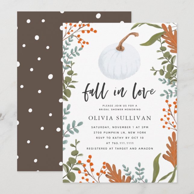 Fall In Love Rustic Pumpkin Bridal Shower Invitation (Front/Back)