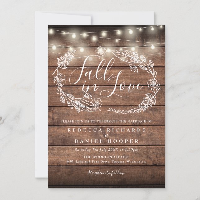 Fall In Love Rustic String Lights Autumn Wedding Invitation (Front)