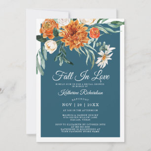 Fall In Love Rustic Teal Blue Fall Bridal Shower Invitation