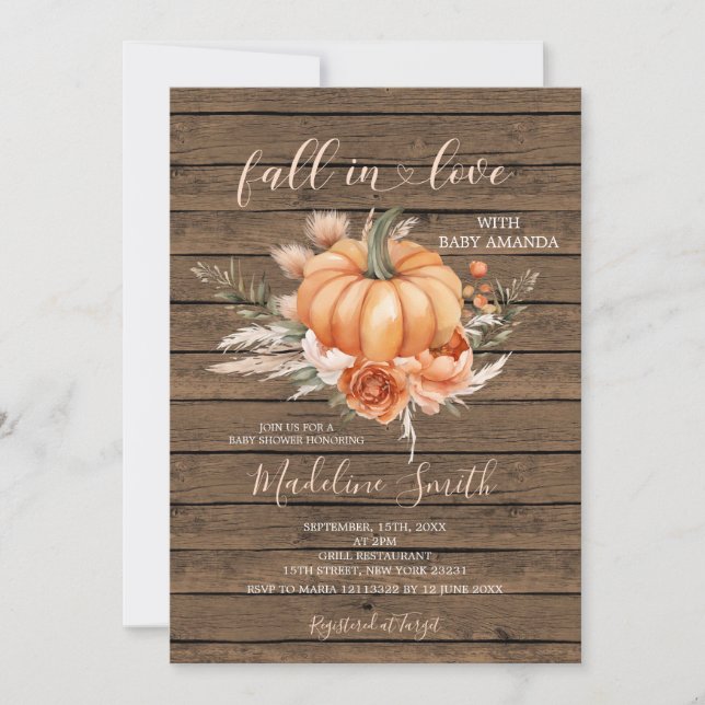 Fall In Love Rustic Wood Pumpkin With Baby Shower Invitation (Front)