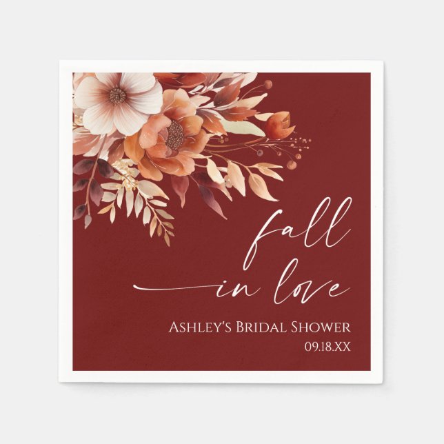 Fall In Love Rusty Burgundy Floral Bridal Shower Napkin (Front)