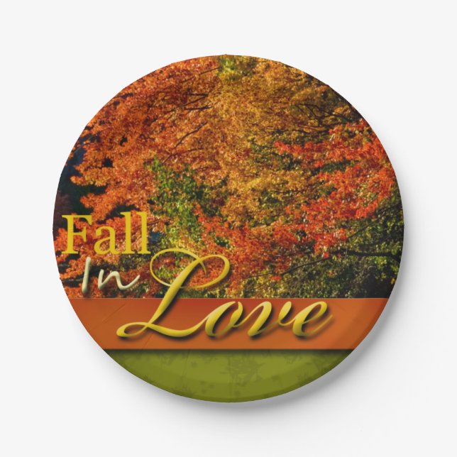 Fall In Love Scenic Rustic Wedding Photo Autumn Paper Plate (Front)