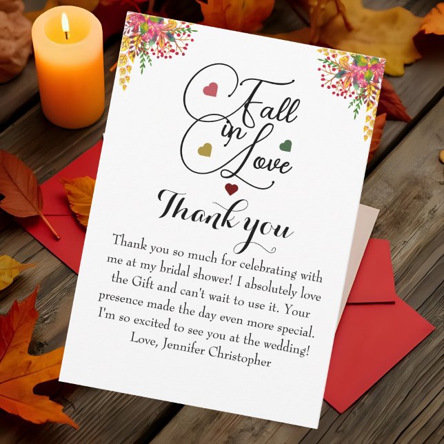 Fall in Love script Floral Bridal Shower  Thank You Card (Creator Uploaded)