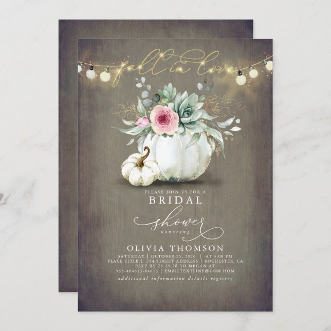 Fall in Love Succulents Pumpkins Bridal Shower Inv Invitation (Front/Back)