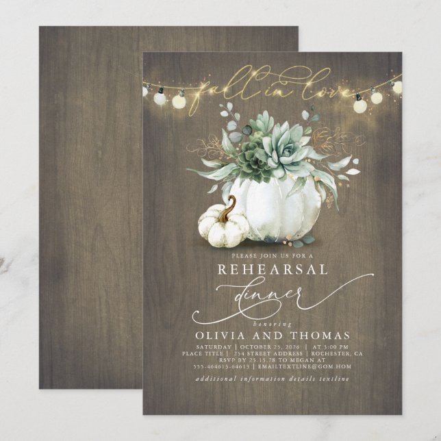 Fall in Love Succulents Pumpkins Rehearsal Dinner Invitation (Front/Back)