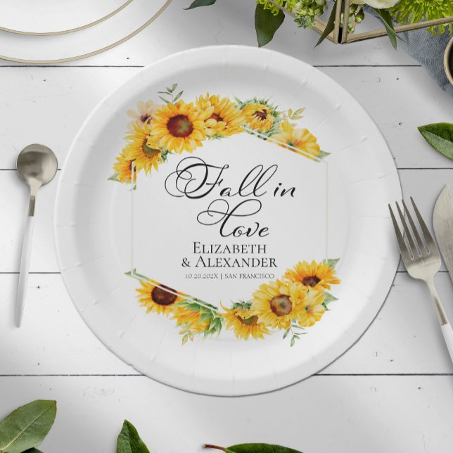 Fall in love  |  Sunflower Floral Autumn Wedding Paper Plate (Creator Uploaded)