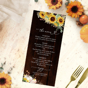 Fall in Love Sunflower Pumpkin Wedding Menu Cards