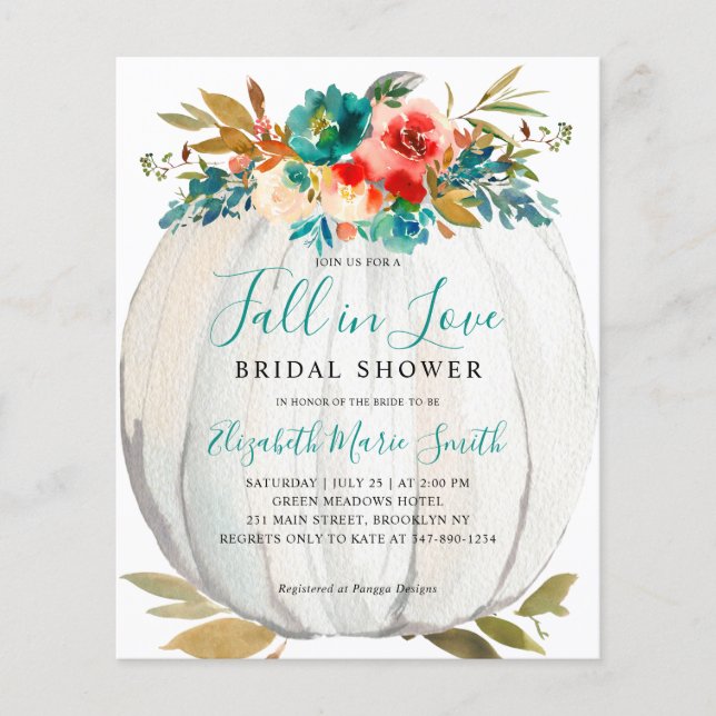 Fall in Love Teal Floral Pumpkin Bridal Shower Flyer (Front)