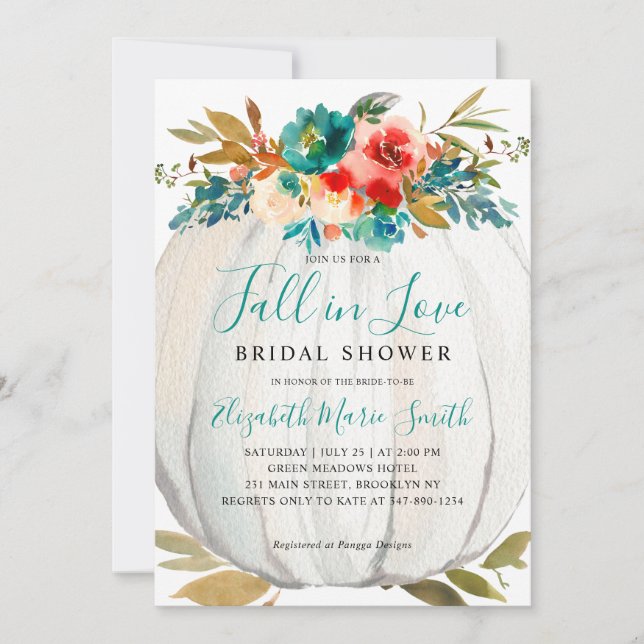 Fall in Love Teal Floral Pumpkin Bridal Shower Invitation (Front)