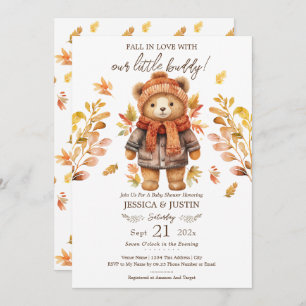 Fall in Love Teddy Bear Leaves Baby Shower Invitation