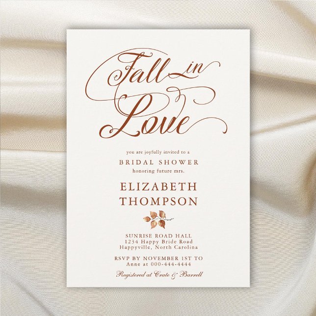 Fall in Love Terracotta Autumn Leaf Bridal Shower Invitation (fall in love bridal shower invitation terracotta elegant rustic boho romantic calligraphy leaves)