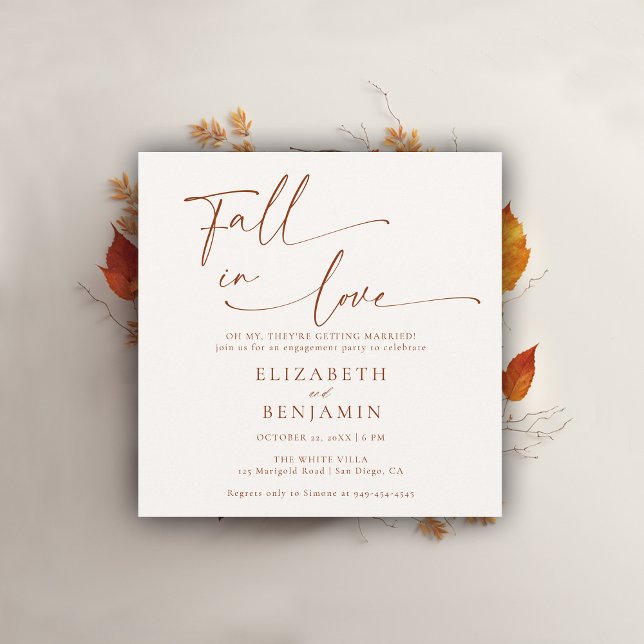 Fall in Love Terracotta Minimal Engagement Party Invitation (fall engagement party invitation minimalist typography calligraphy terracotta elegant modern barn)