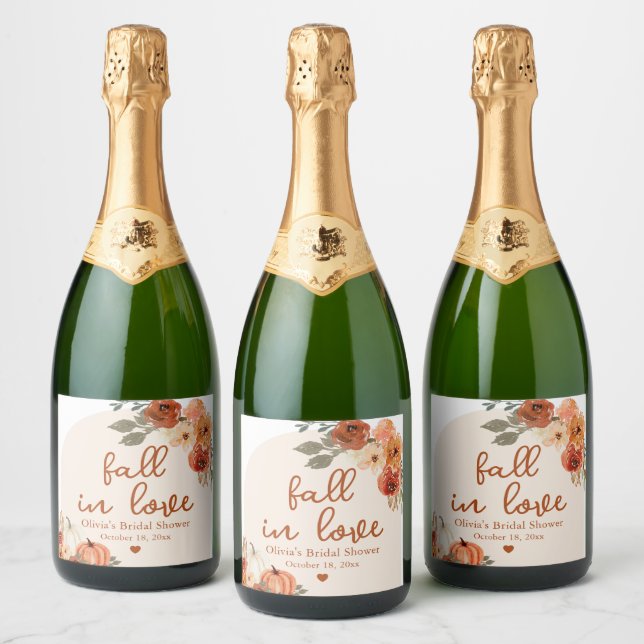 Fall in Love Terracotta Pumpkin Bridal Shower  Sparkling Wine Label (Bottles)