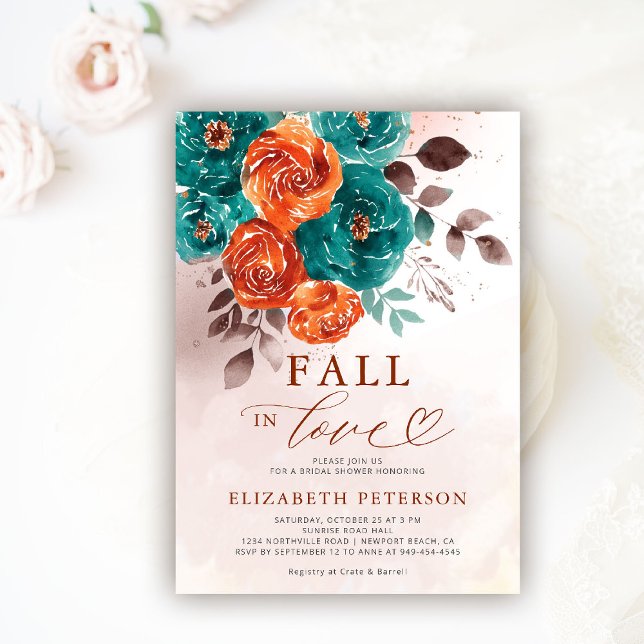 Fall in Love Terracotta Teal Boho Bridal Shower Invitation (fall in love wedding bridal shower invitation teal burnt orange terracotta watercolor calligraphy)