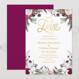 fall in love watercolor floral autumn wedding gold invitation