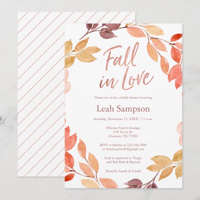 Fall in Love watercolor leaves bridal shower Invitation (Front/Back)