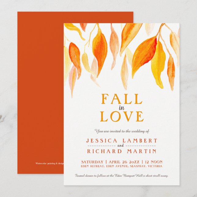 Fall in love watercolor orange leaves wedding invitation (Front/Back)
