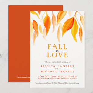 Fall in love watercolor orange leaves wedding invitation