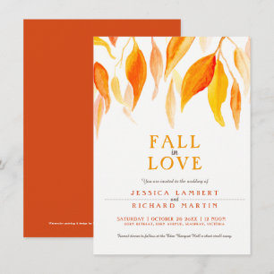 Fall in love watercolor orange leaves wedding invitation