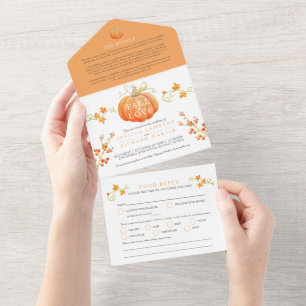 Fall in love watercolor pumpkin autumnal wedding all in one invitation