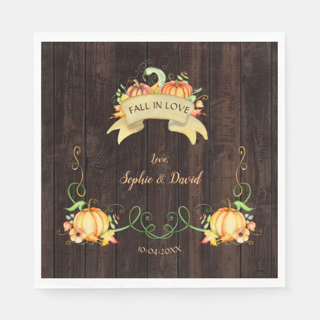 Fall In Love Watercolor Pumpkin Wedding Barn Napkin (Front)