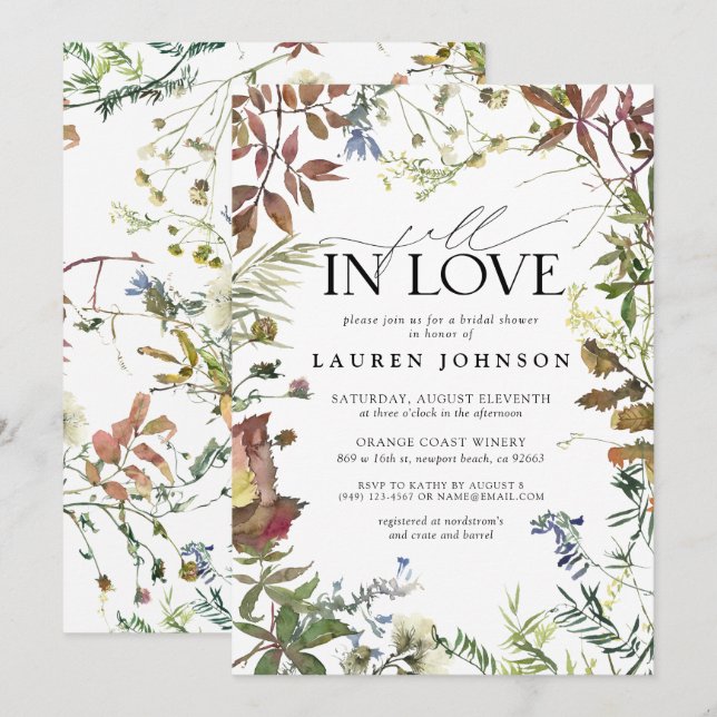 Fall In Love Watercolor Wildflower Bridal Shower Invitation (Front/Back)