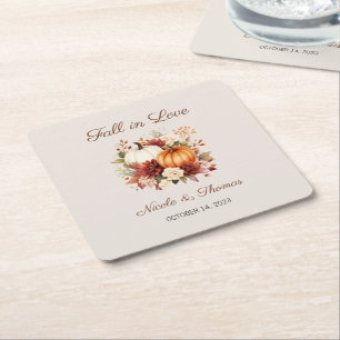 Fall in Love Wedding Coasters, Fall in Love Bridal Square Paper Coaster