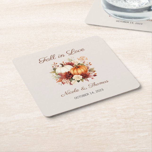 Fall in Love Wedding Coasters, Fall in Love Bridal Square Paper Coaster (Angled)