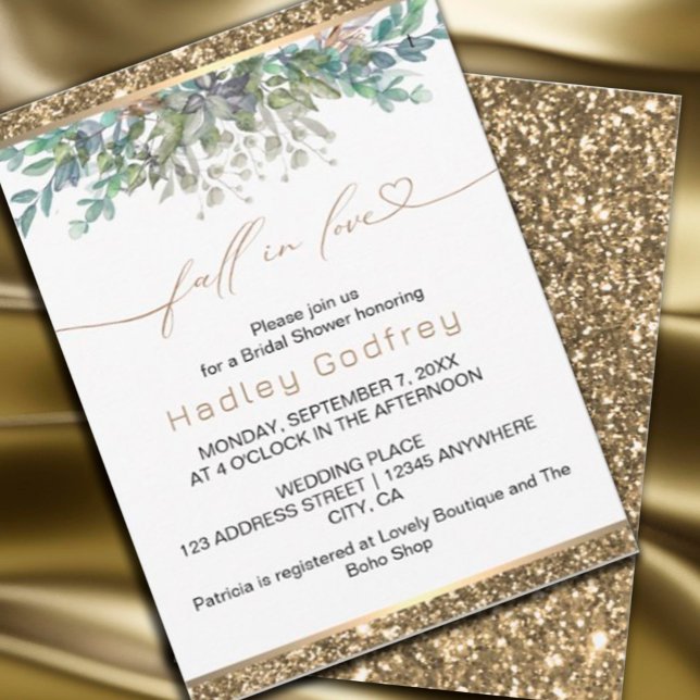 Fall in love wedding invitation (#zazzlemade #weddinginvitation #fallinvitation #fallinlove #greenery,#leaves Eglittergoldinvitation)