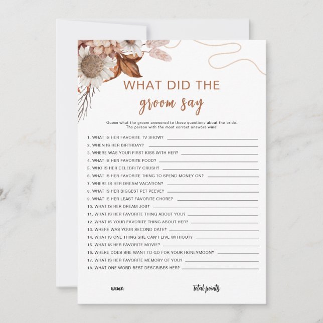 Fall in love | What Did The Groom Say Bridal Game  Invitation (Front)