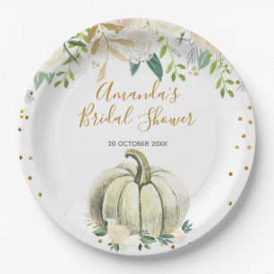 Fall in Love White and Gold Pumpkin Floral Paper Plate