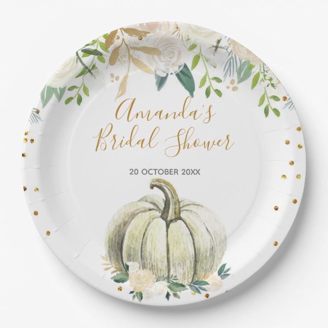 Fall in Love White and Gold Pumpkin Floral Paper Plate (Front)